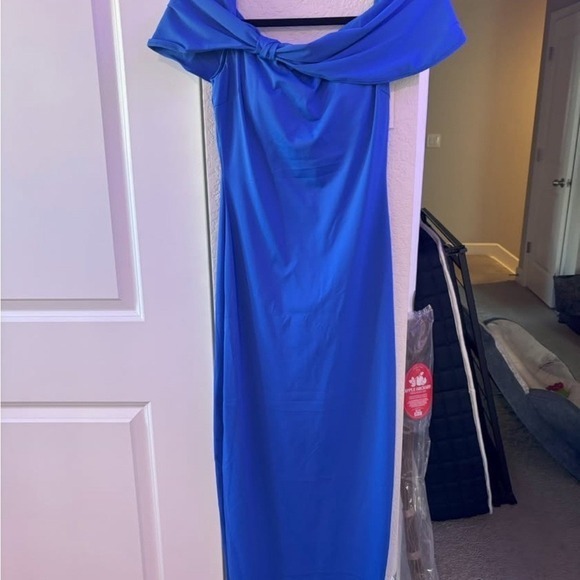 Popilush Royal Blue Off The Shoulder‎ Bodycon Midi Dress Built In Shapewear - Picture 6 of 6